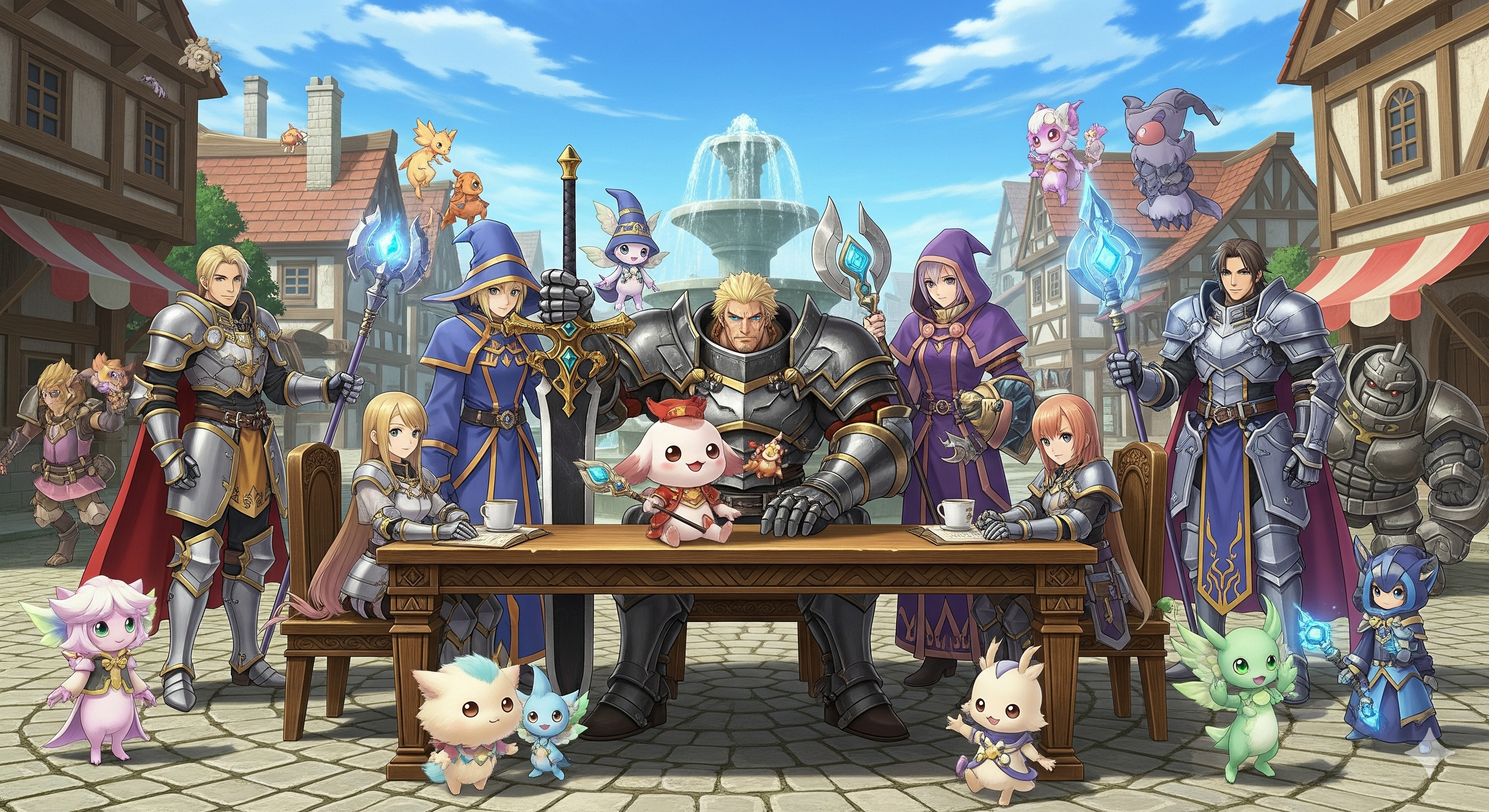 Adventurers and their sprites gathered in the town square